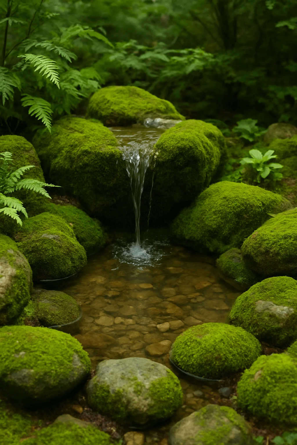 Moss-covered rock water feature with a small trickling waterfall flowing into a clear natural micro pool in a woodland garden.