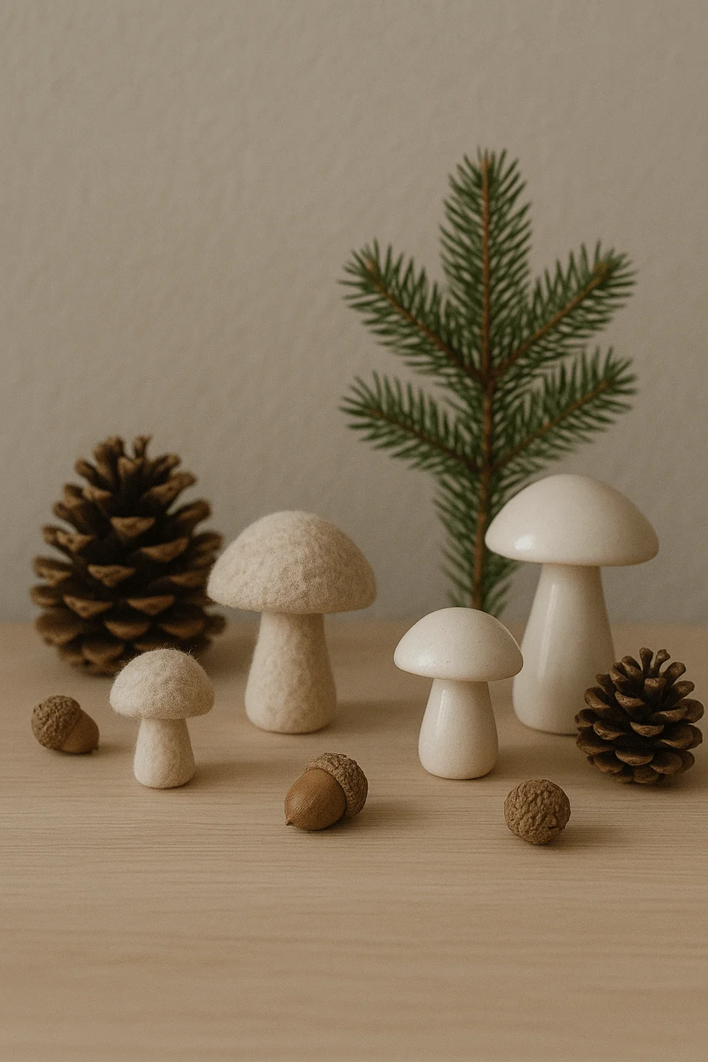Minimalist woodland Christmas decorations with ceramic and felt mushrooms, pinecones, acorns, and a small evergreen branch