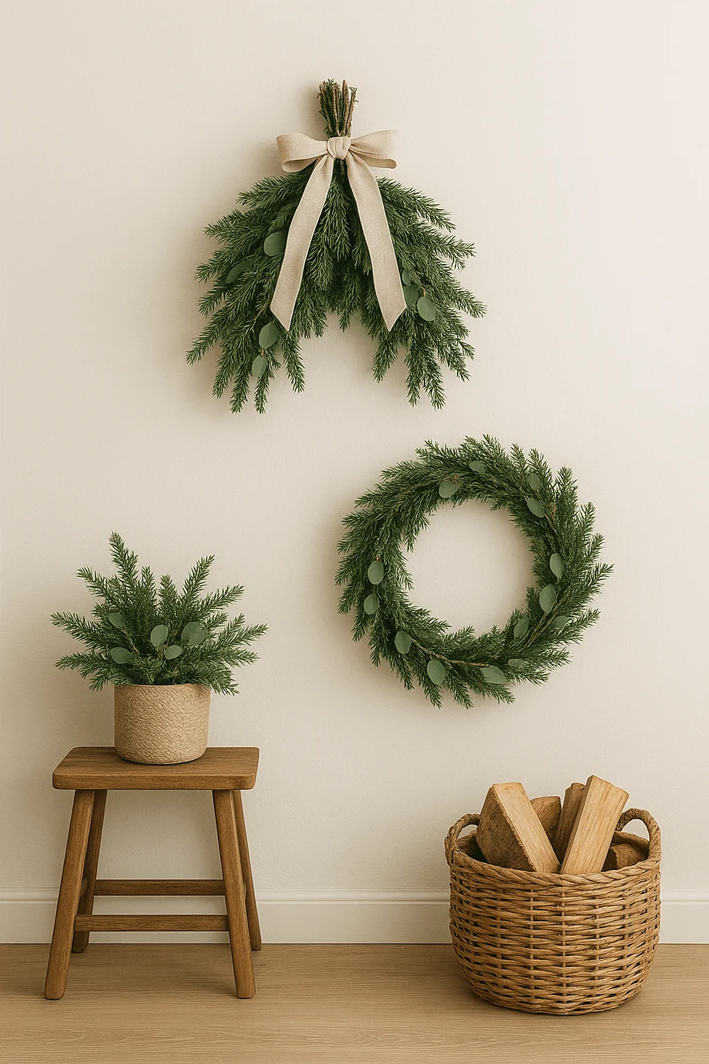 Minimalist Scandinavian Christmas decor with natural greenery swags, wreaths, and potted evergreen accents for a fresh holiday look