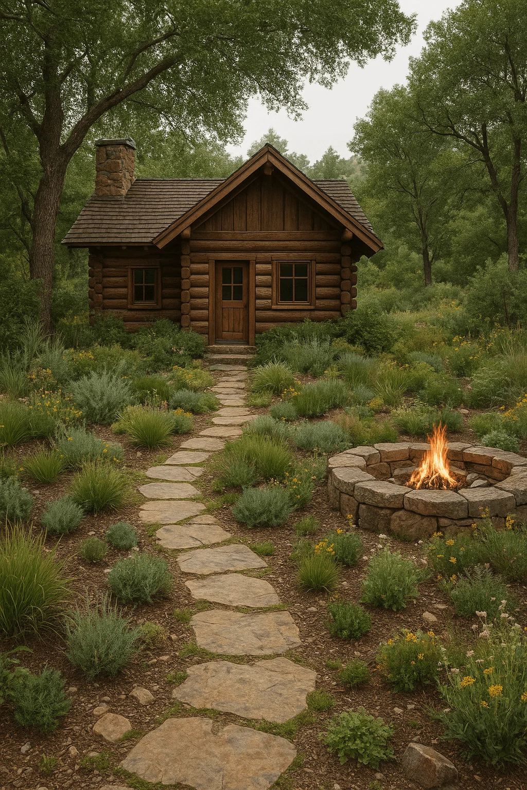 Cozy log cabin with stone chimney, surrounded by natural landscaping, stone pathway, and outdoor fire pit