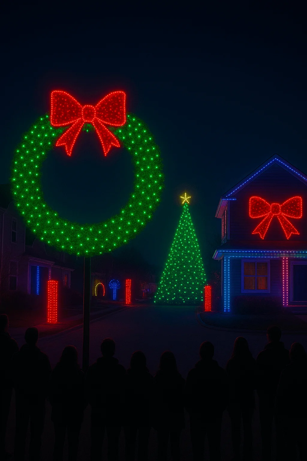 Neighborhood holiday light display featuring giant LED wreath, glowing Christmas tree, and house outlined with bright bow and colorful decorations, with silhouettes of people watching