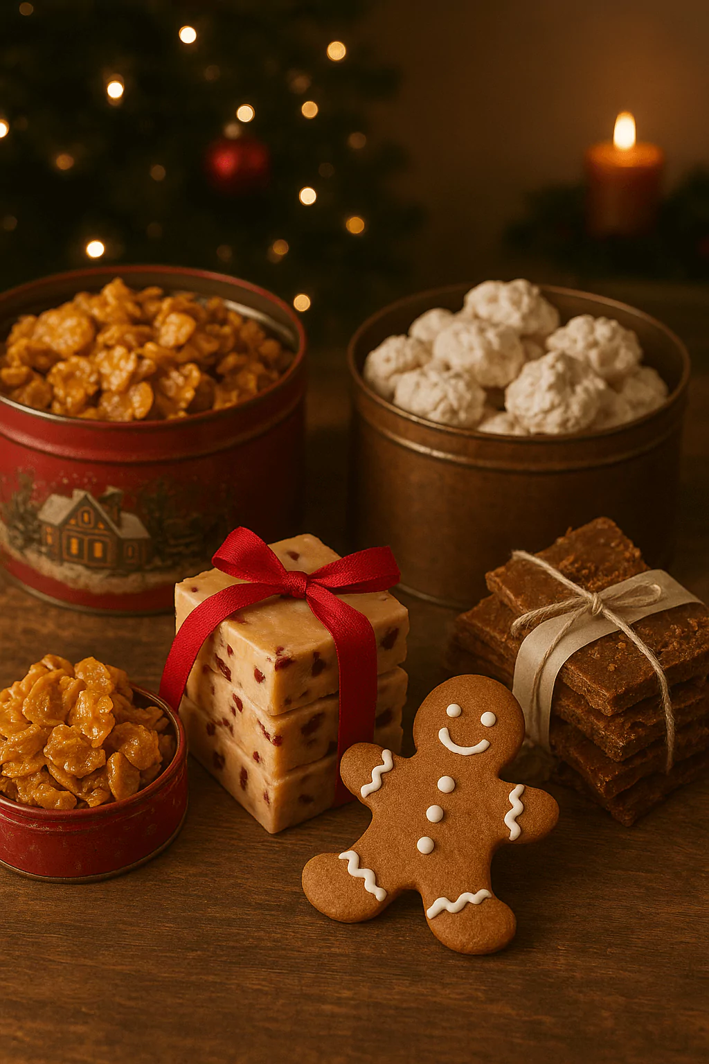 Homemade Christmas treats with gingerbread cookies, fudge, and holiday candies in festive tins.