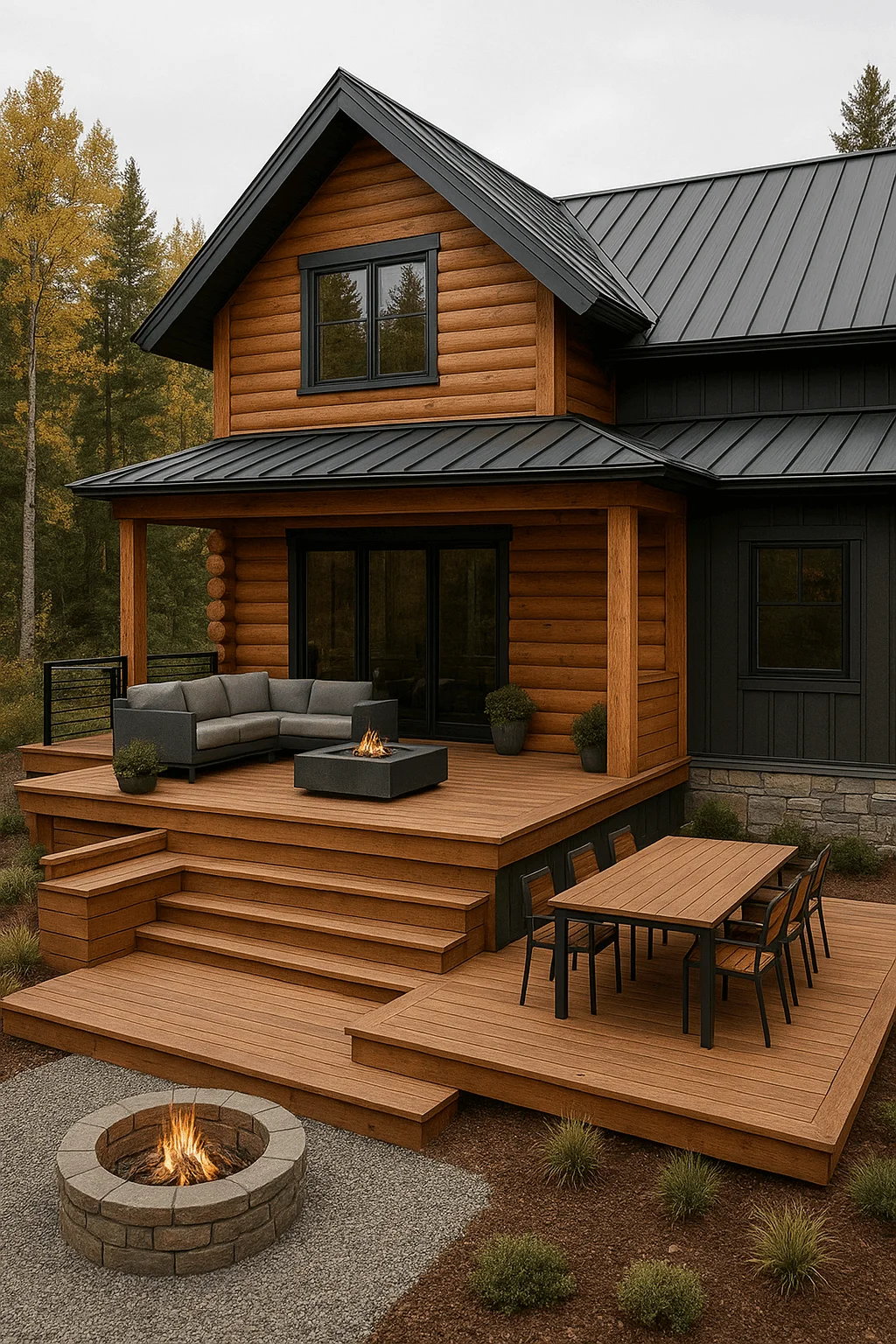 Log cabin home with modern multi-level wooden deck, outdoor seating, dining area, and fire pit surrounded by trees