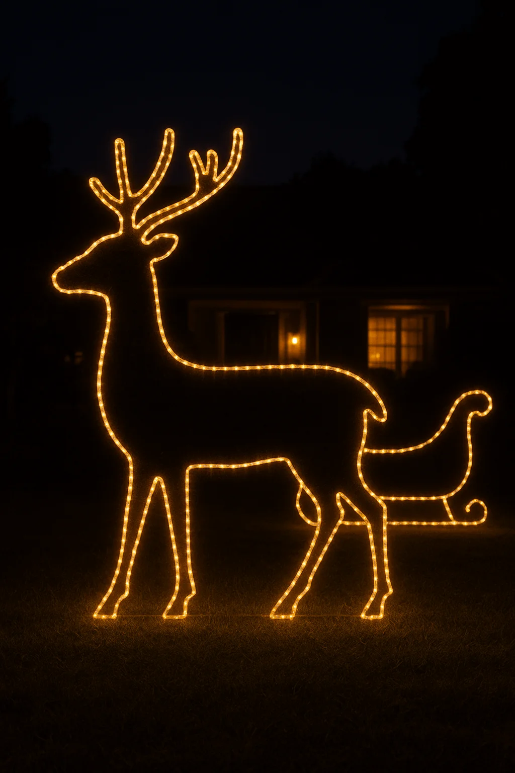 Oversized outdoor Christmas silhouette sculpture of a glowing reindeer and sleigh made from rope lights, creating a festive yard display