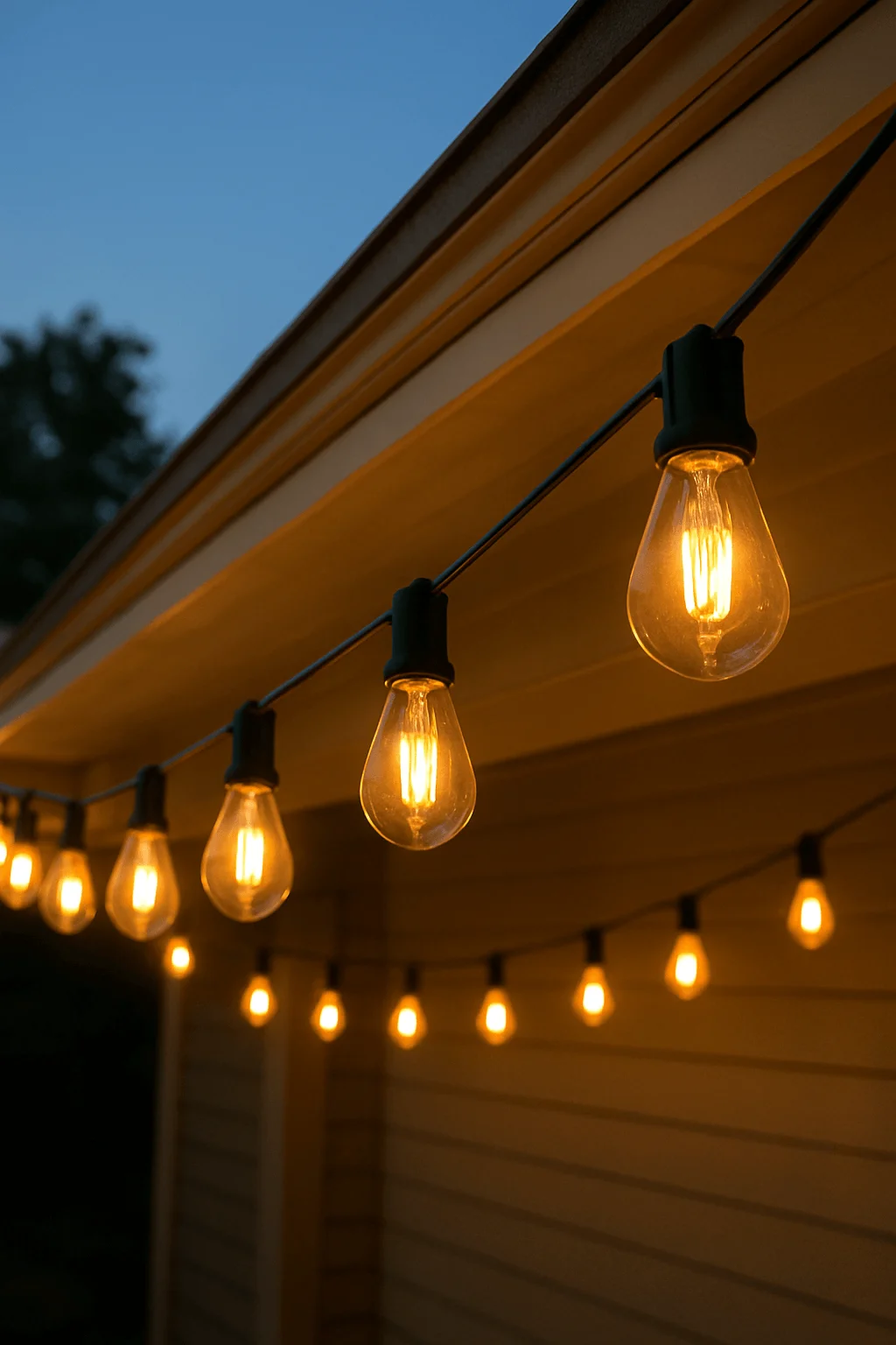 Oversized vintage-style Edison bulb string lights glowing warmly along a house exterior at dusk, creating nostalgic curb appeal