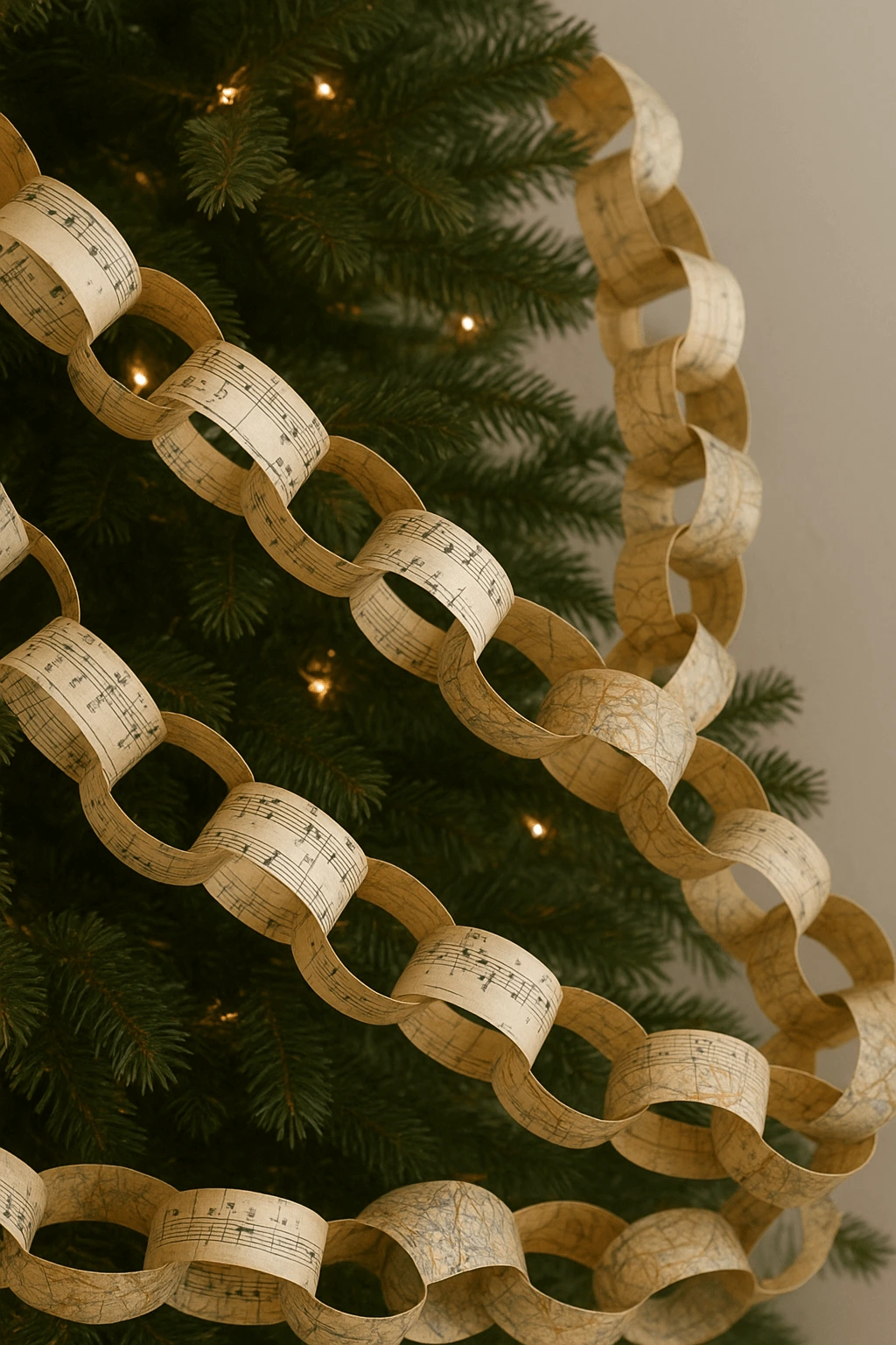 Handmade paper chain Christmas garland crafted from vintage sheet music and maps draped on a Christmas tree