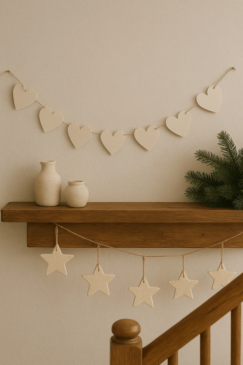 Minimalist Scandinavian Christmas garlands with paper hearts and dough star ornaments hanging above wooden shelf decor