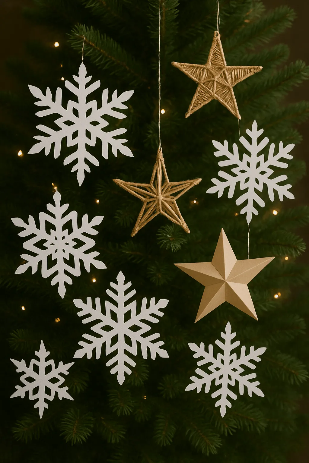 Christmas tree decorated with handmade paper snowflakes and rustic star ornaments in natural tones