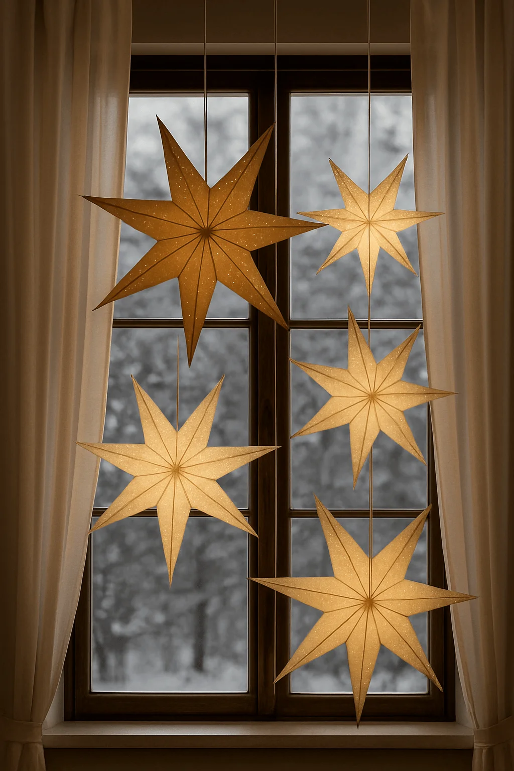 Warm glowing Scandinavian paper star lanterns hanging in a window with winter forest view, cozy Christmas decoration idea