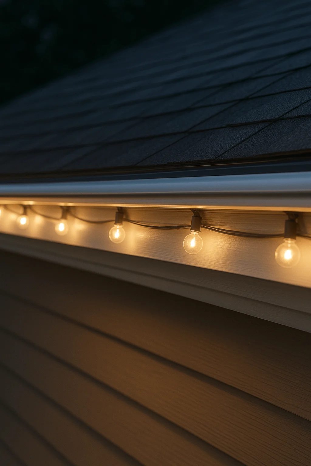 Permanent low-profile lighting channels installed under roofline with warm globe bulbs for reliable seasonal outdoor décor