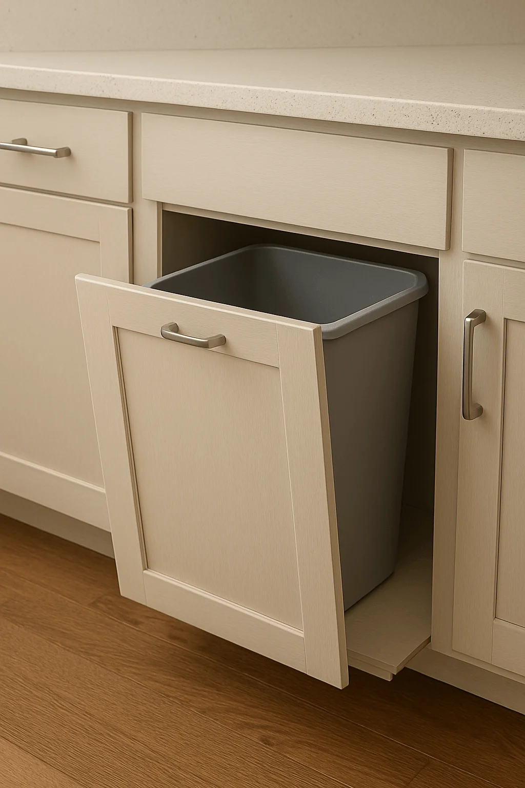Pet-proof tilt-out trash cabinet with hidden bin for secure waste storage