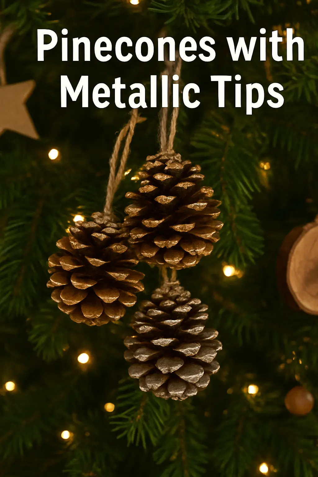 Three pinecones with metallic painted tips hanging on a Christmas tree with twine, surrounded by warm white lights and green branches.