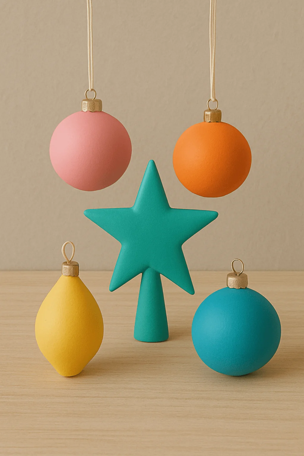 Modern colorful Christmas ornaments with matte finish in pink, orange, yellow, turquoise, and green star tree topper