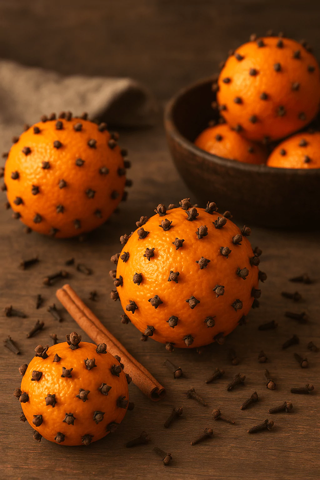 Homemade pomanders made from fresh oranges studded with cloves and displayed with cinnamon sticks for natural Christmas decor.