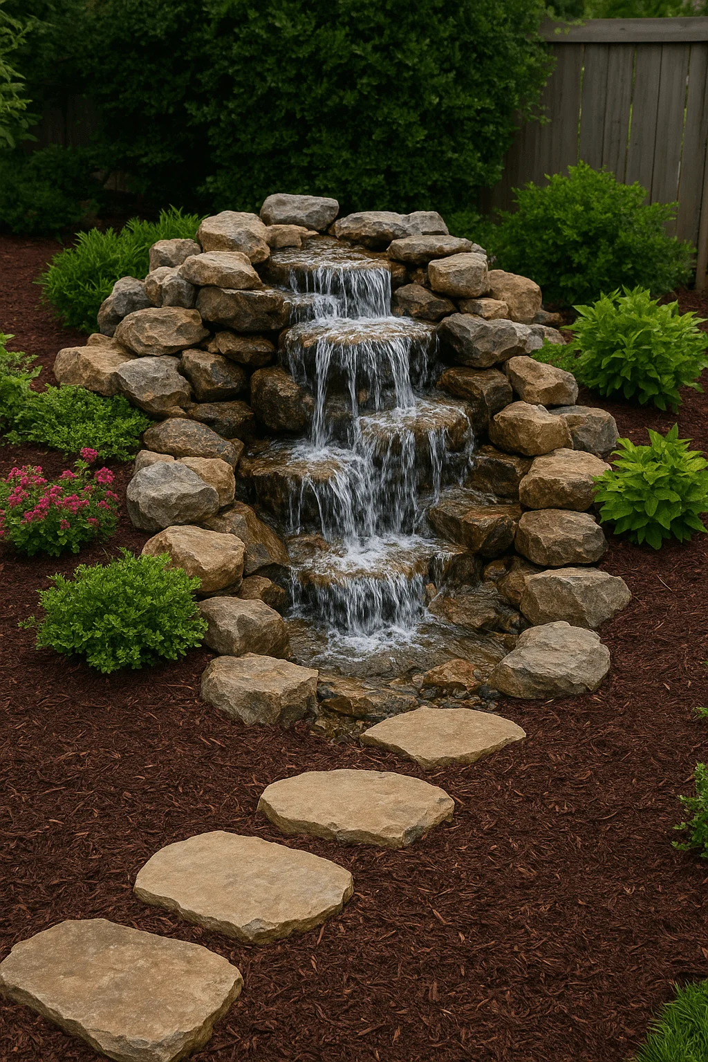 Pondless rock waterfall feature with stacked stones and flowing water in a landscaped backyard garden