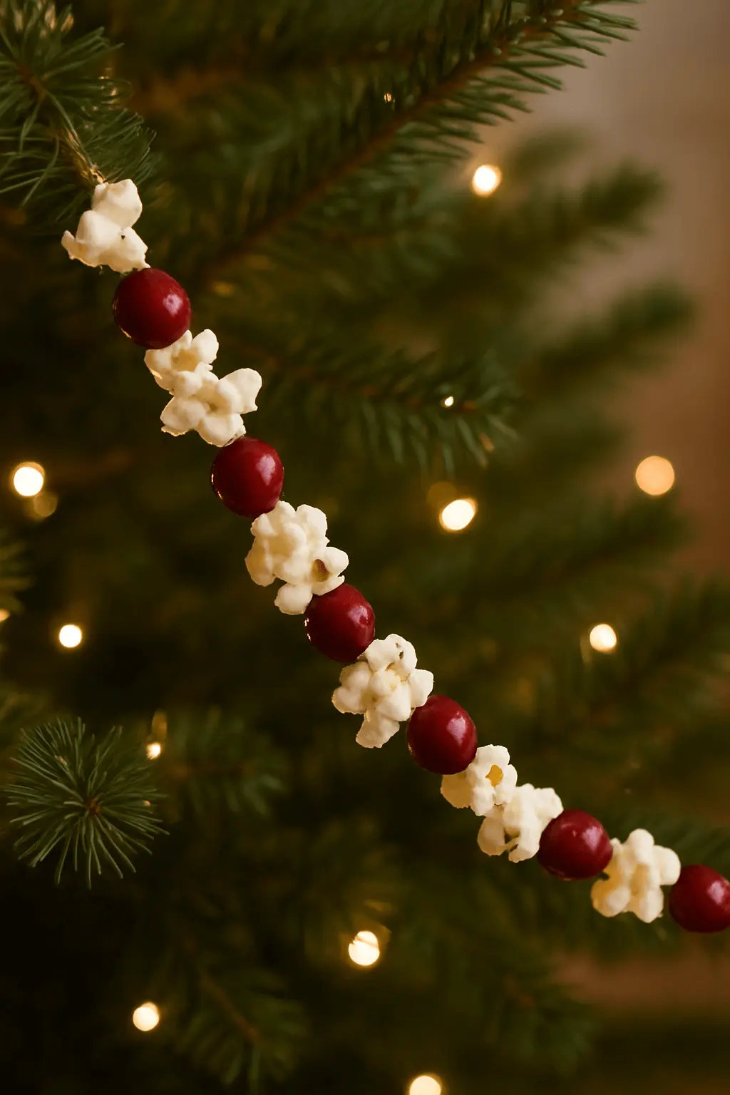 DIY popcorn and cranberry garland hanging on a Christmas tree with warm holiday lights.