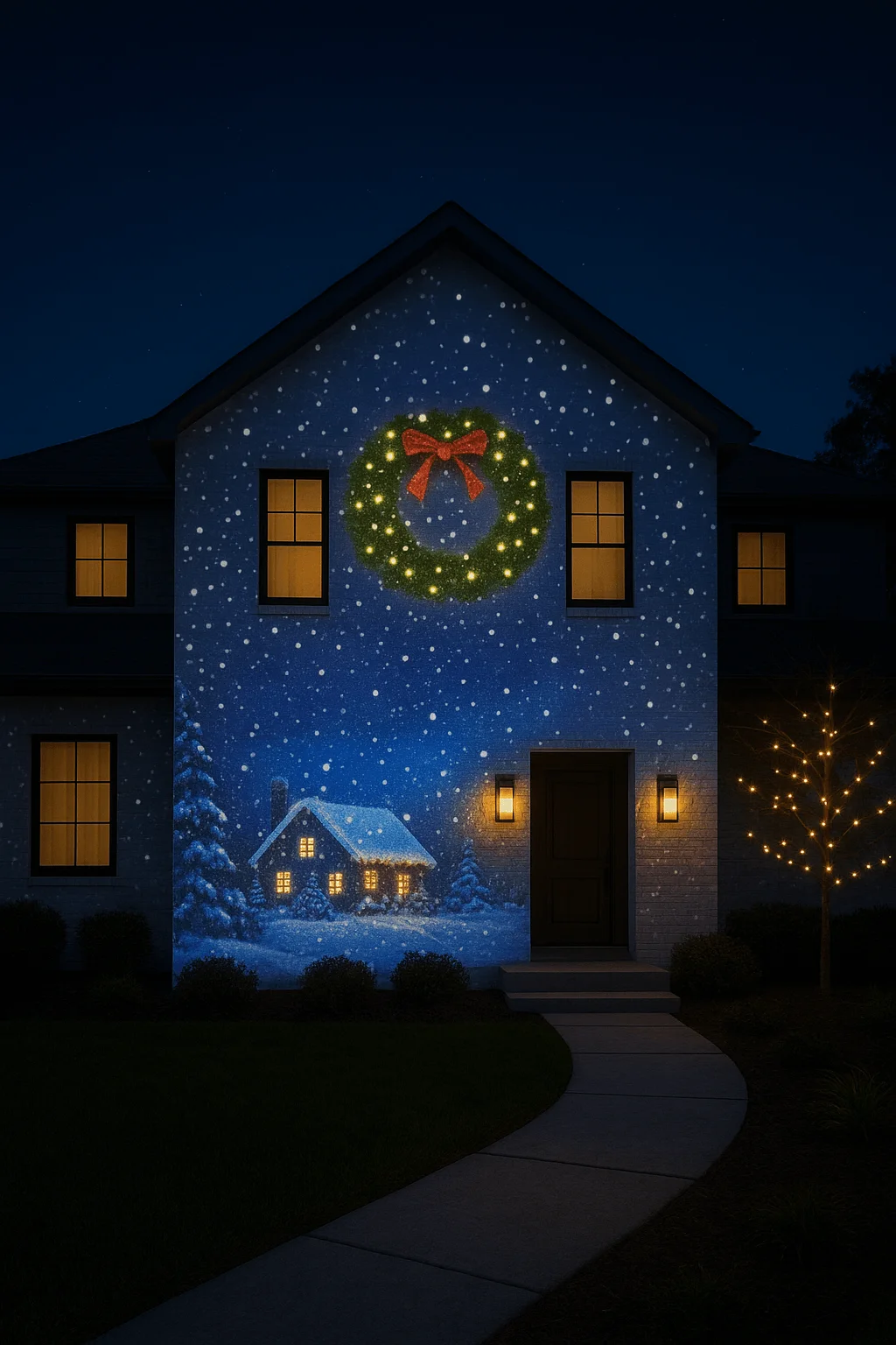 Christmas projection mapping on a house exterior, featuring a glowing wreath, snowfall effect, and a cozy winter cottage scene for big holiday impact