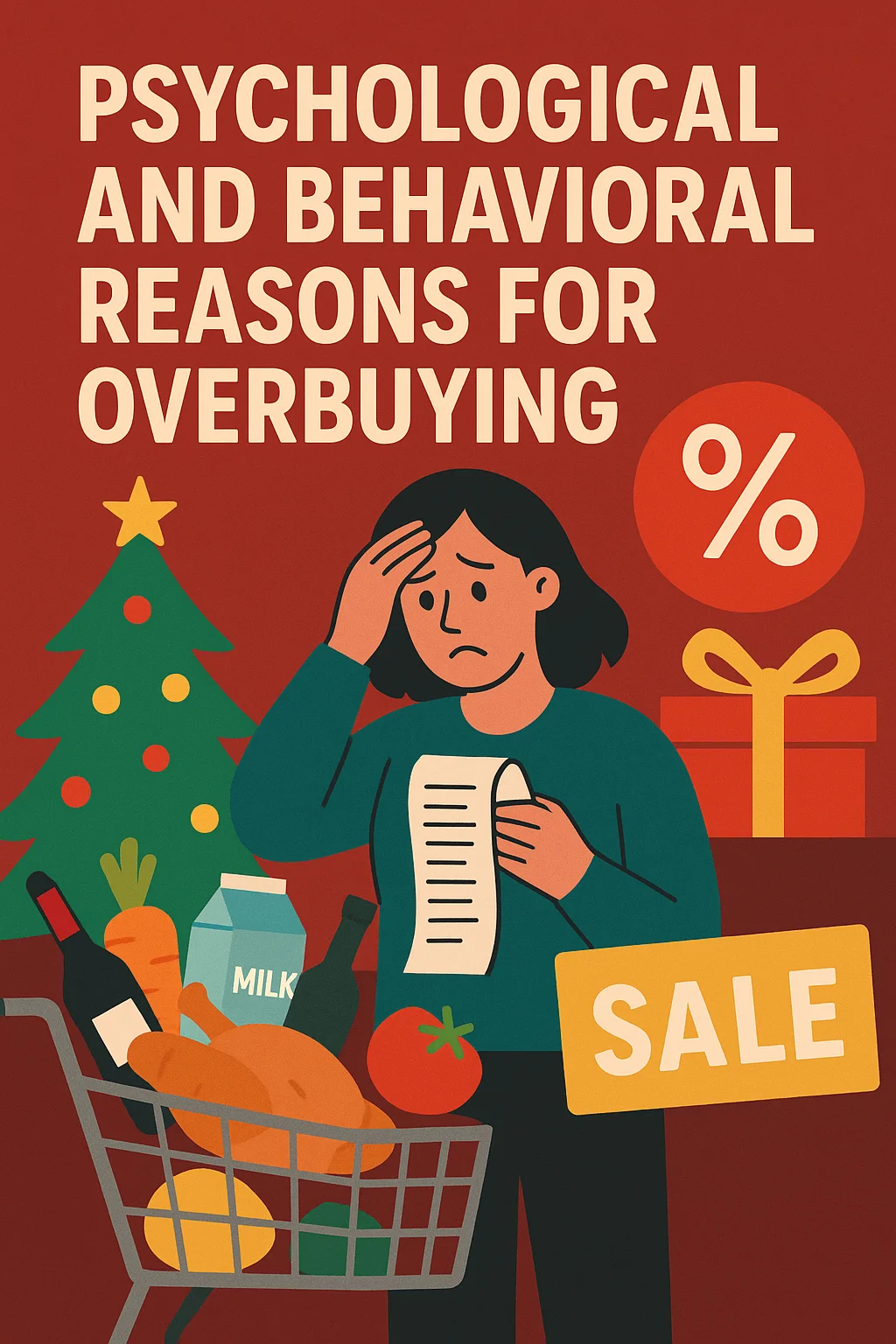 Illustration of a stressed shopper holding a receipt with a full cart of groceries, showing psychological and behavioral reasons for overbuying during Christmas sales