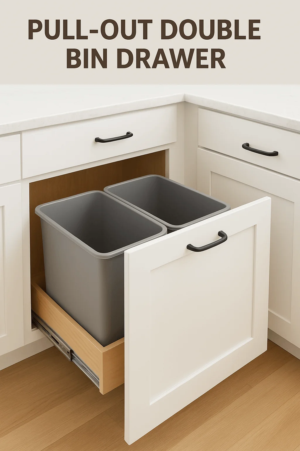 Modern pull-out double bin drawer cabinet with gray trash cans in a white kitchen for hidden waste storage