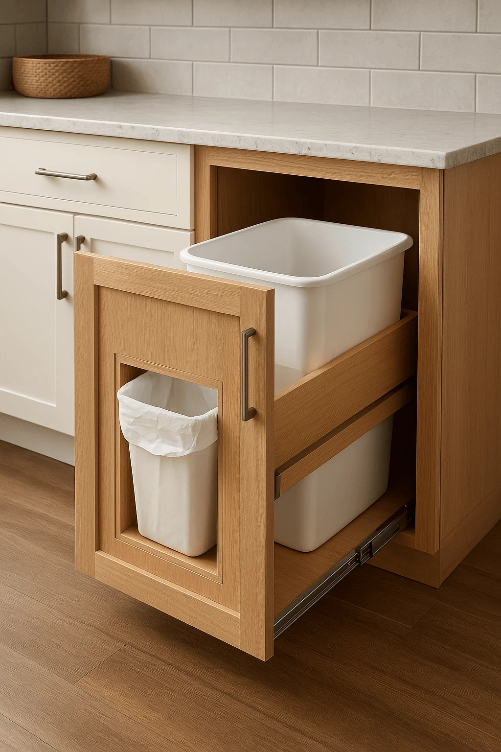 Kitchen pull-out trash bin with built-in bag dispenser for convenient waste management