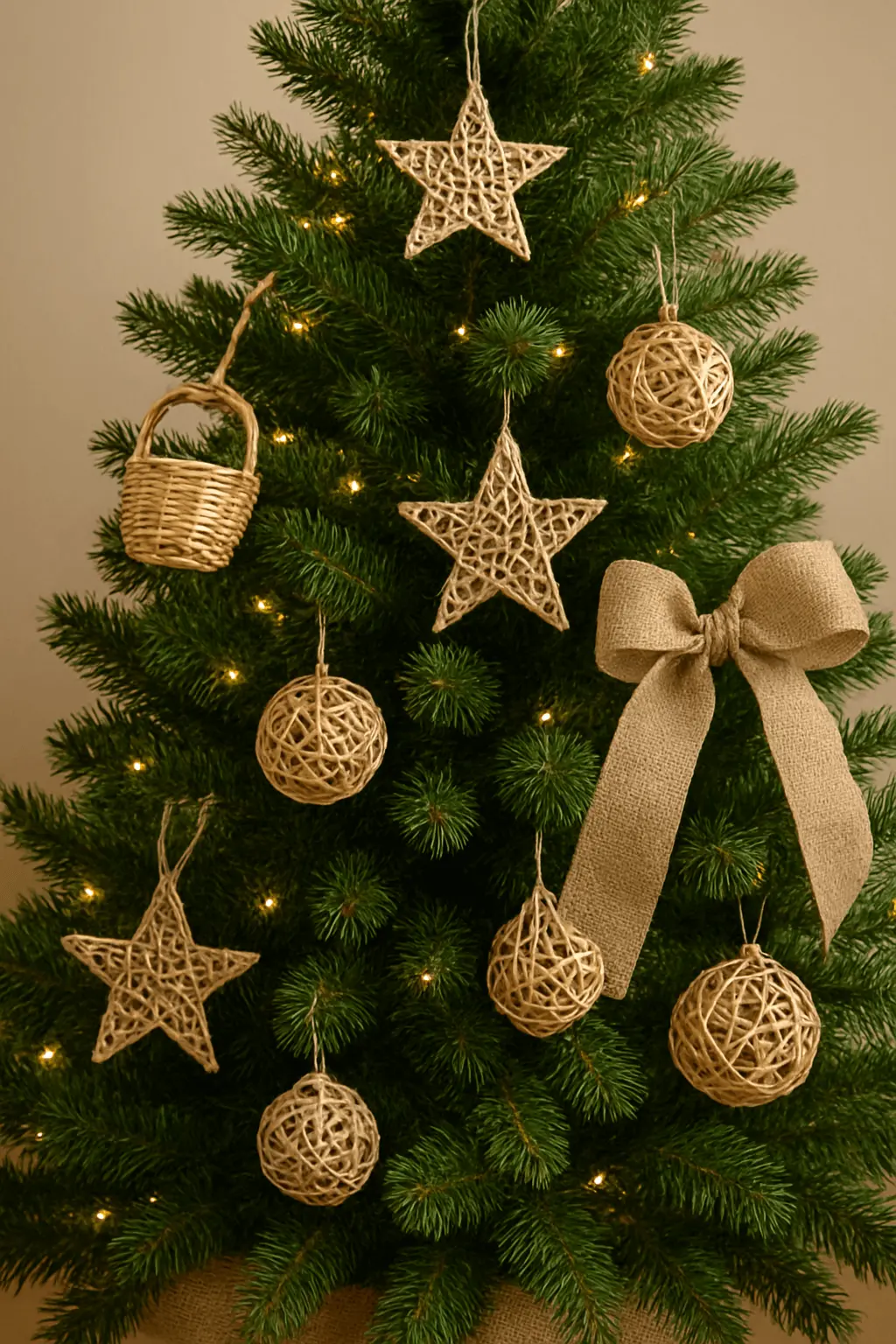 Christmas tree decorated with natural rattan and wicker ornaments including stars, balls, a small basket, and a large burlap bow, with warm string lights