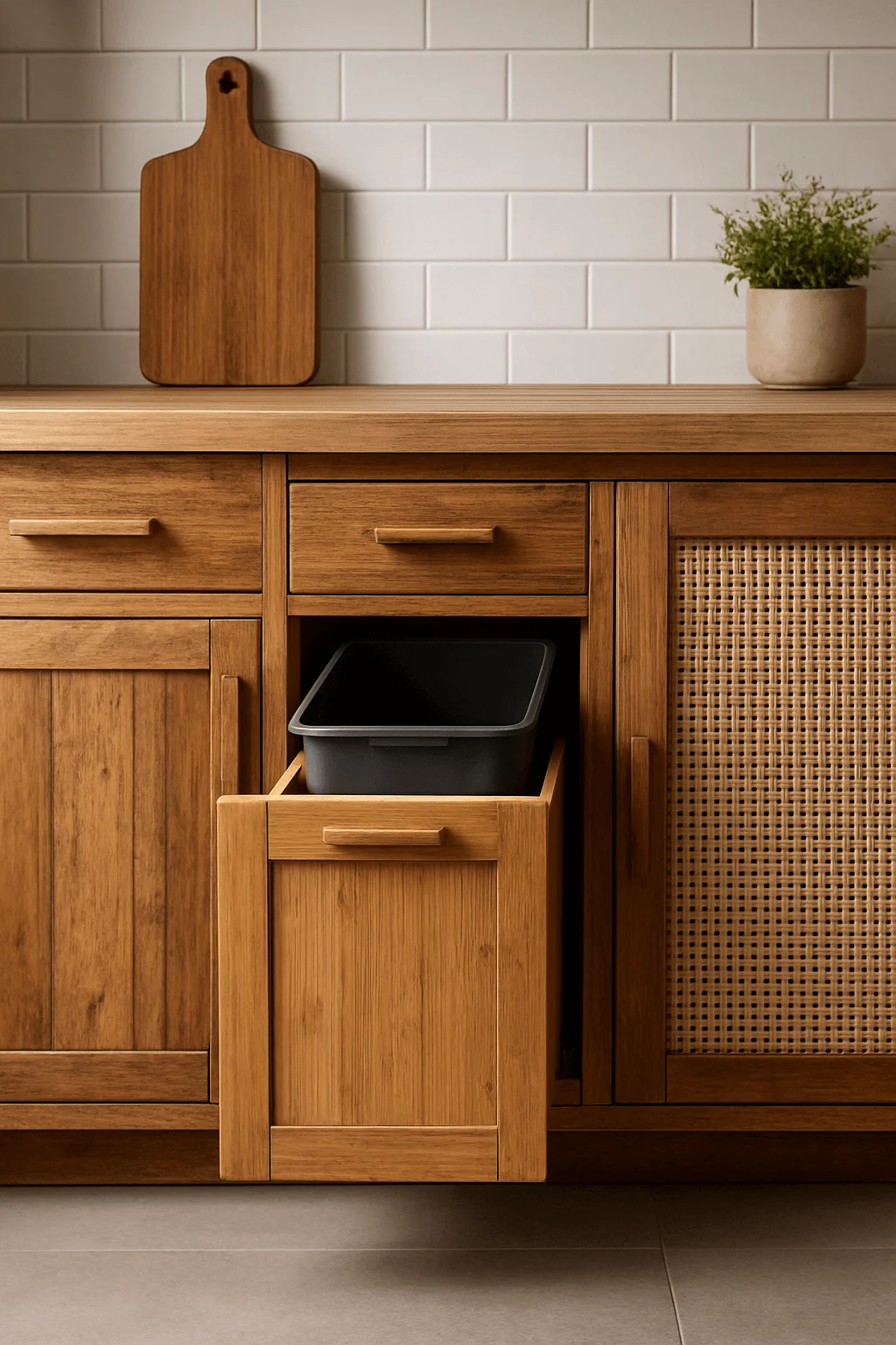 Reclaimed wood cabinet with pull-out hidden trash bin for eco-friendly kitchen storage