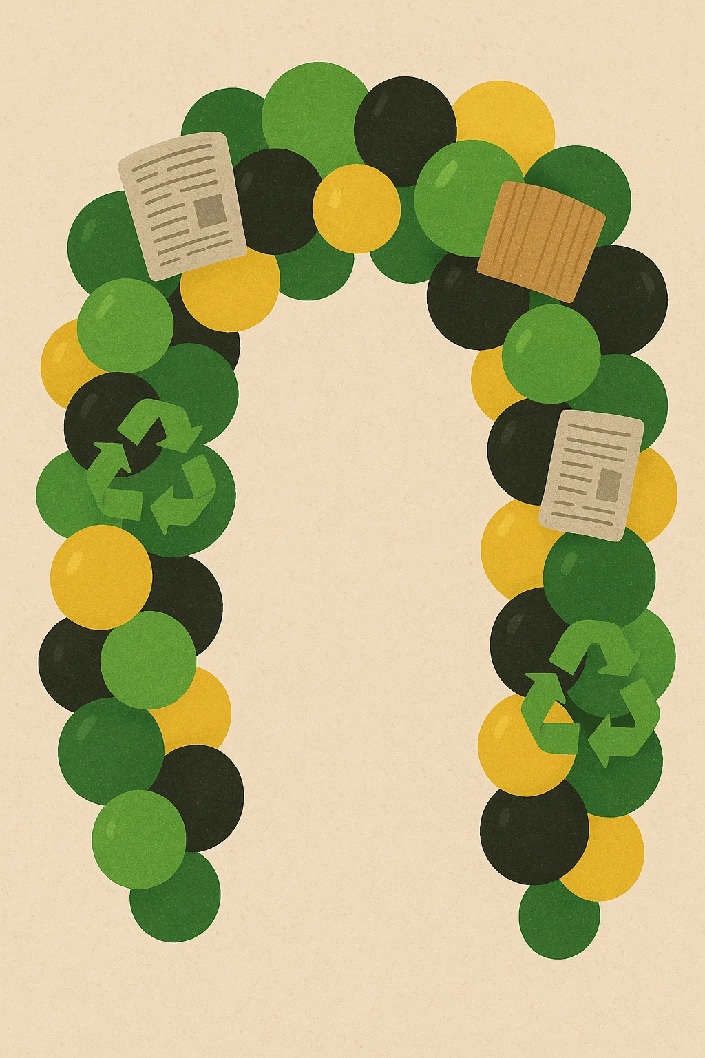 Trash truck birthday party balloon garland in green, yellow, and black with recycling symbols, cardboard, and paper decorations