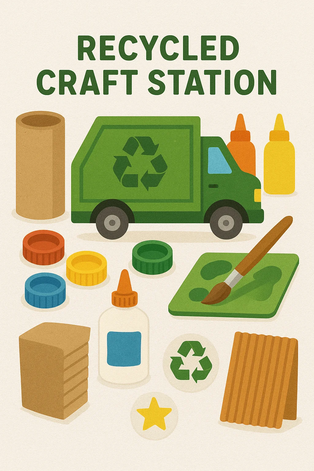 Recycled craft station with trash truck theme, featuring cardboard, bottle caps, glue, paint, and eco-friendly kids’ art supplies