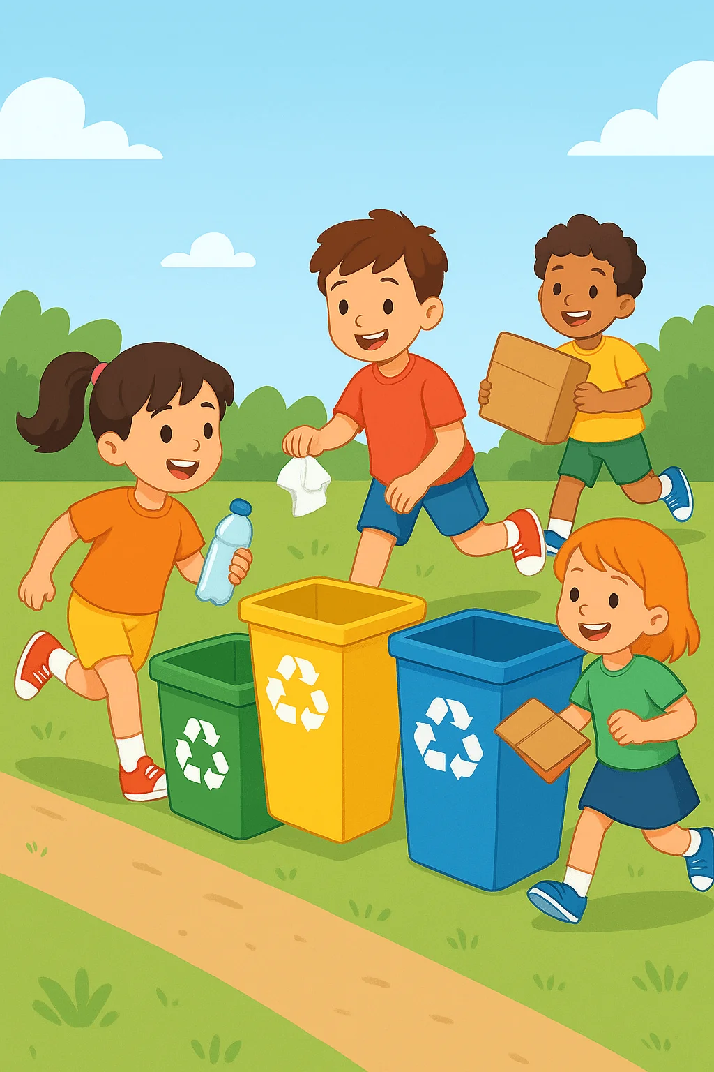 Kids recycling relay race game with green, yellow, and blue bins, eco-friendly birthday party activity