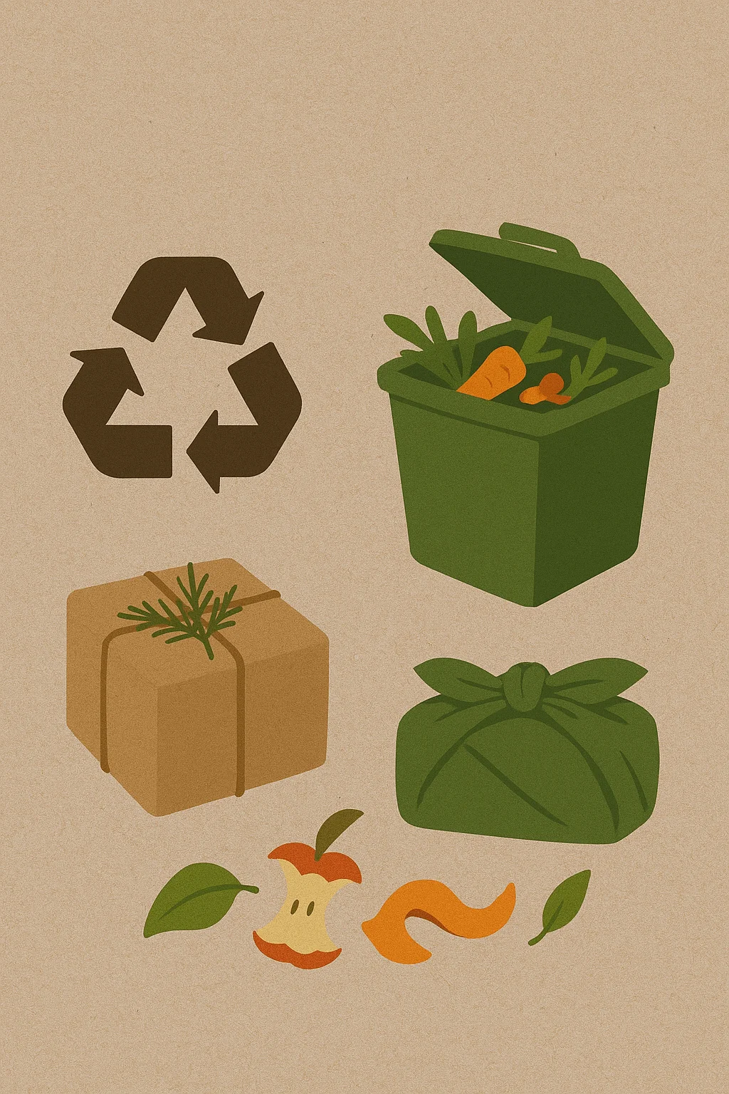 Illustration of recycling and composting during the holidays with a recycle symbol, compost bin, eco-friendly wrapped gifts, and food scraps.