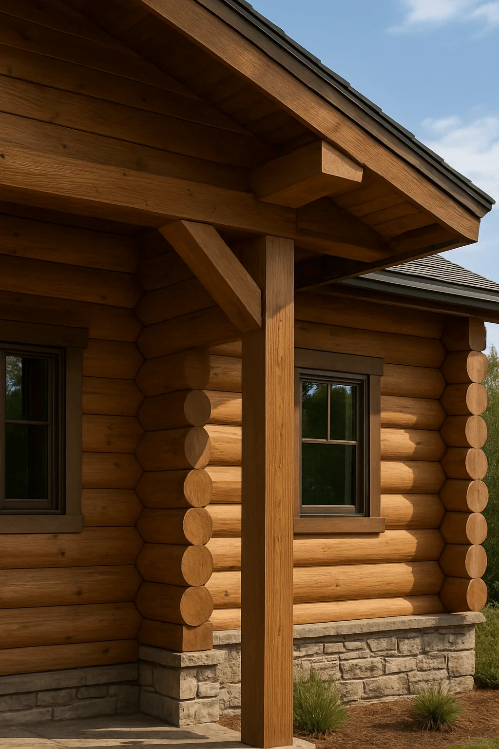 Log cabin exterior showing refined craftsmanship with round timber walls, stone foundation, and wood trim