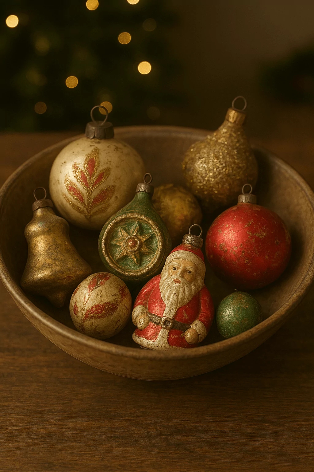 Vintage Christmas ornaments including Santa figurine, glass baubles, and glittered decorations in a wooden bowl