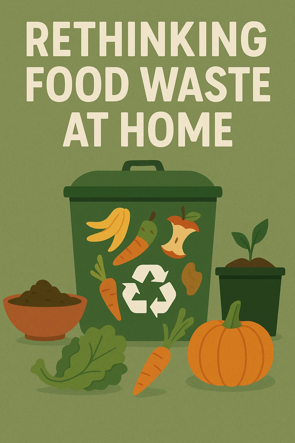 Illustration with the title 'Rethinking Food Waste at Home,' showing a green recycling bin with food scraps like banana peel, carrot, and apple core, surrounded by vegetables, compost, and a potted plant