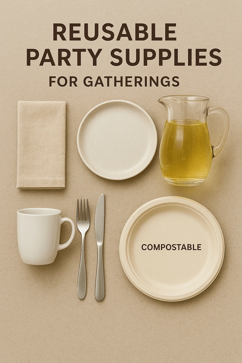 Reusable party supplies for gatherings including compostable plates, stainless steel cutlery, ceramic mug, cloth napkin, and glass pitcher on neutral background