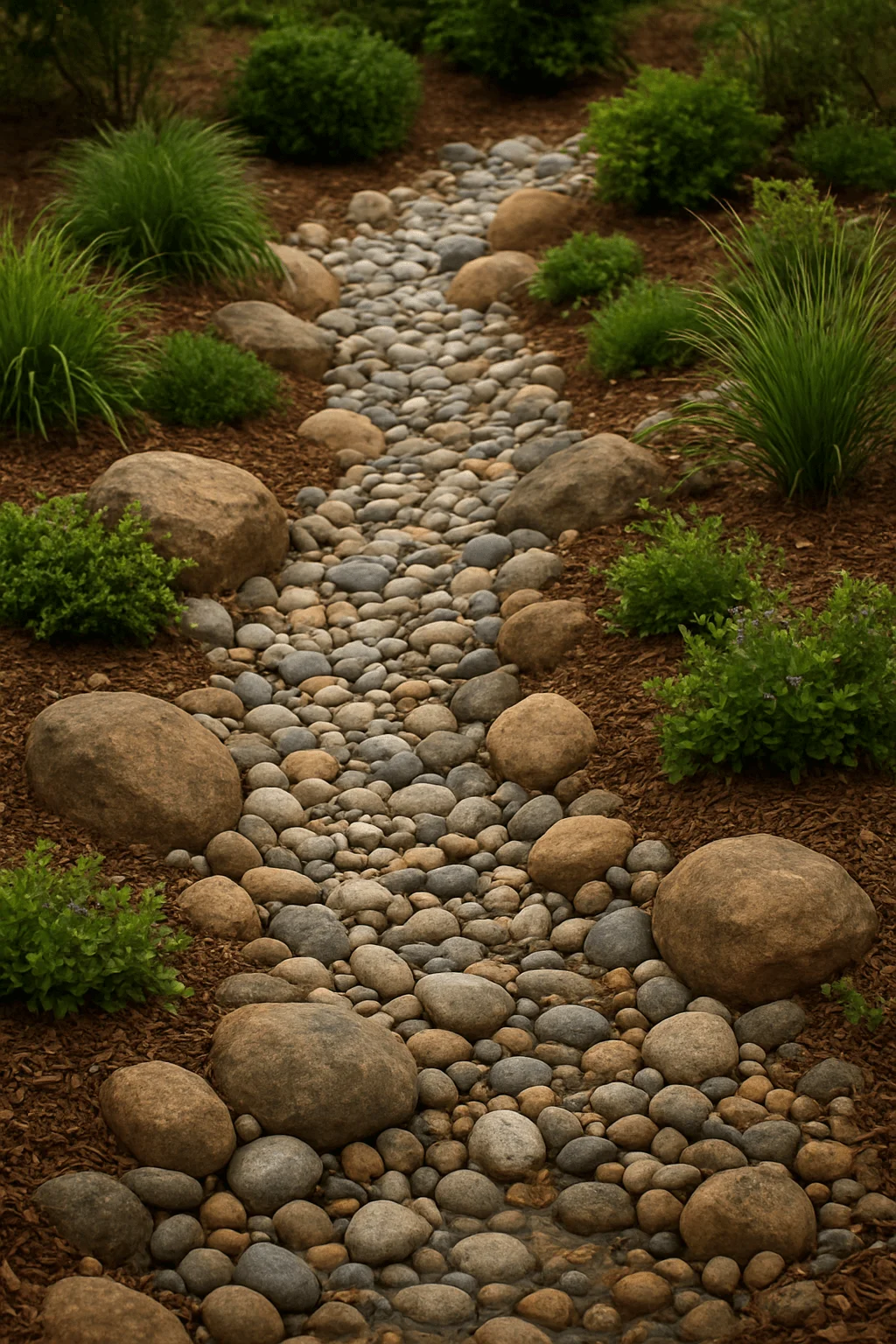 Dry creek bed made of river rocks and boulders with surrounding green plants in a landscaped garden