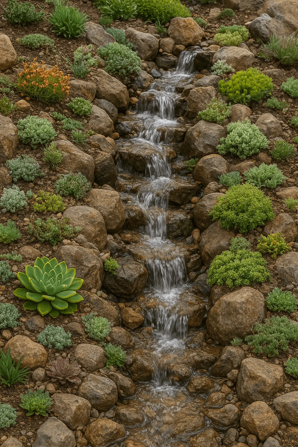 Rock garden with cascading waterfall surrounded by succulents and drought-tolerant plants