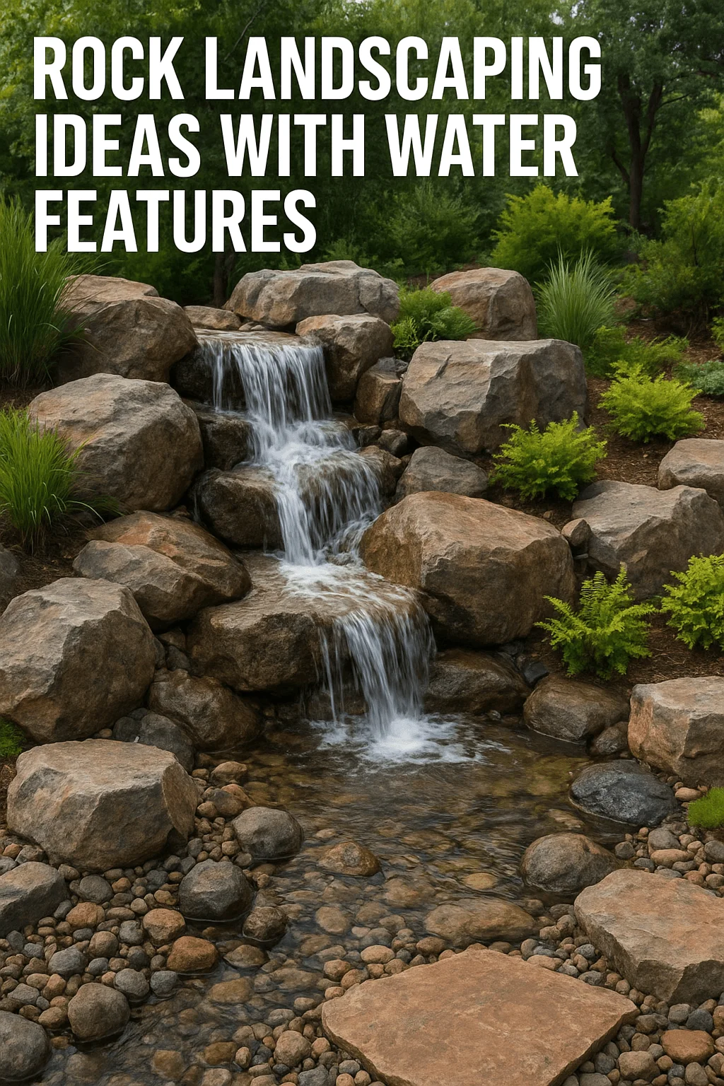 Rock landscaping with cascading waterfall and natural stone water feature surrounded by greenery in a backyard garden