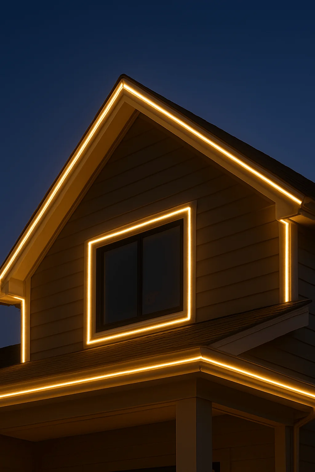 Modern house outlined with glowing rope light rooflines, highlighting bold architectural framing for a sleek holiday look