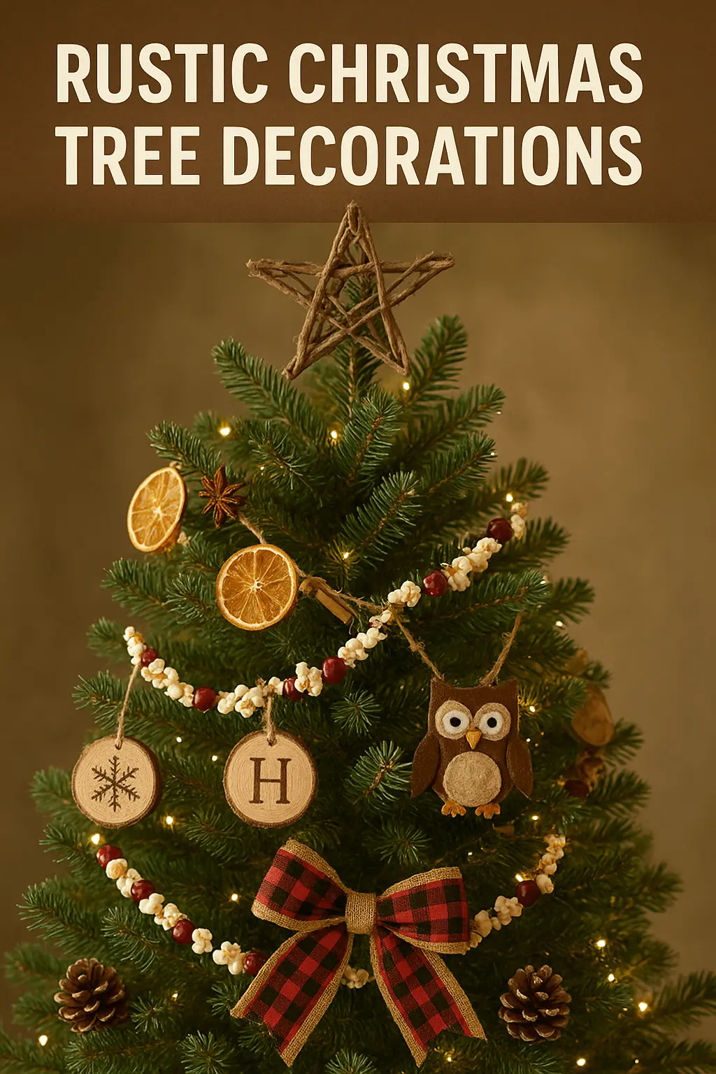Rustic Christmas tree decorated with dried orange slices, popcorn and cranberry garlands, wooden ornaments, felt owl, plaid bow, and a twig star topper.