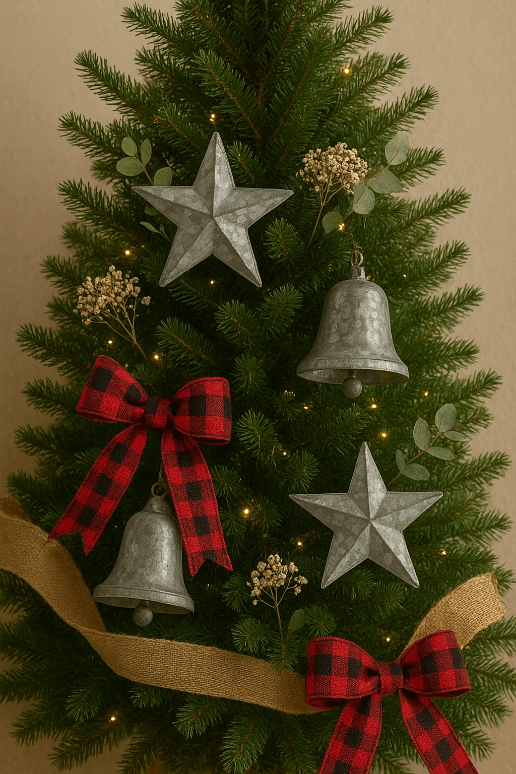 Rustic Christmas tree decorated with galvanized metal stars, farmhouse-style bells, red plaid bows, burlap ribbon, and warm string lights.