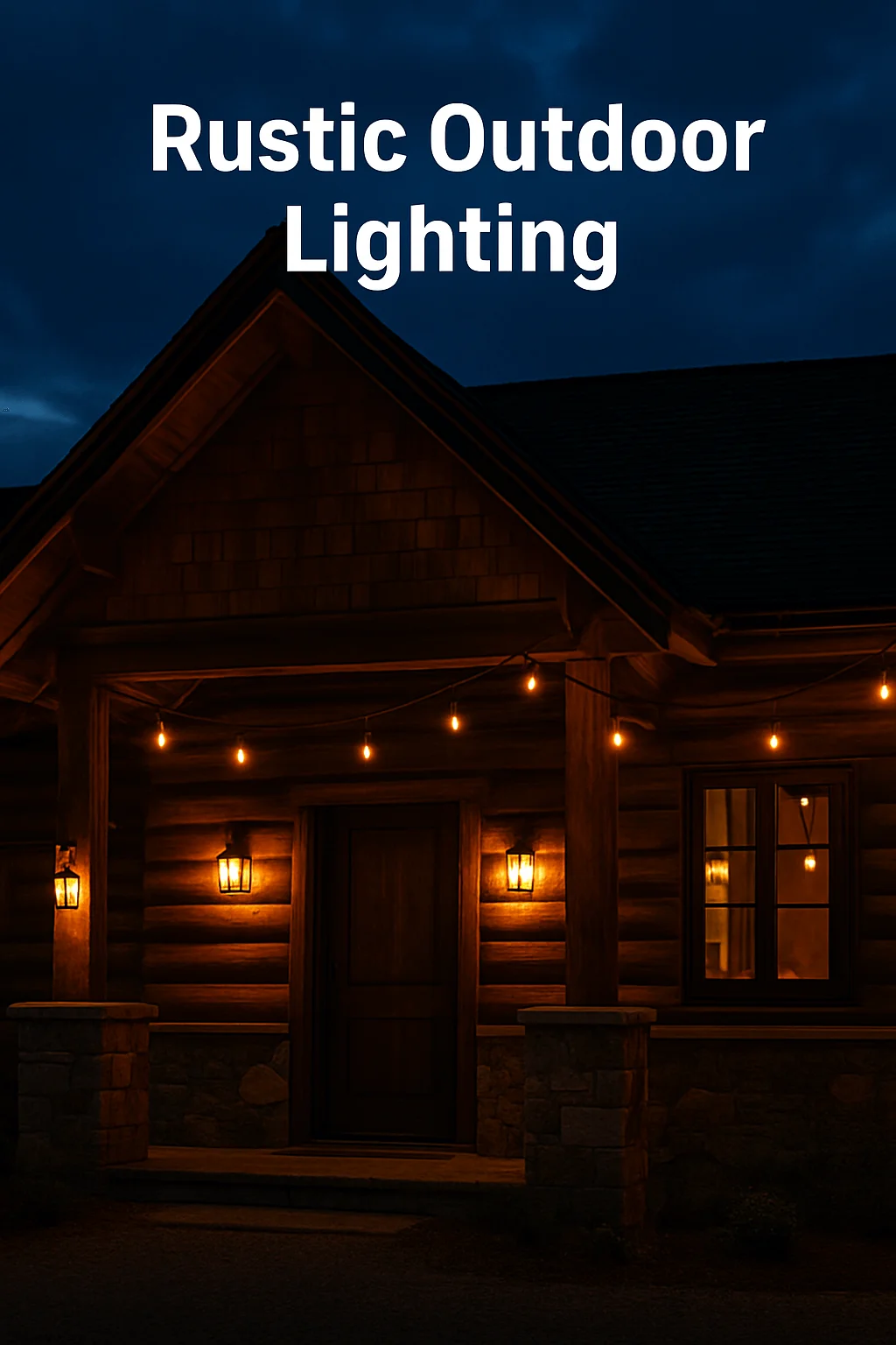 Rustic log cabin porch at night with warm outdoor wall lanterns and string lights creating cozy ambiance
