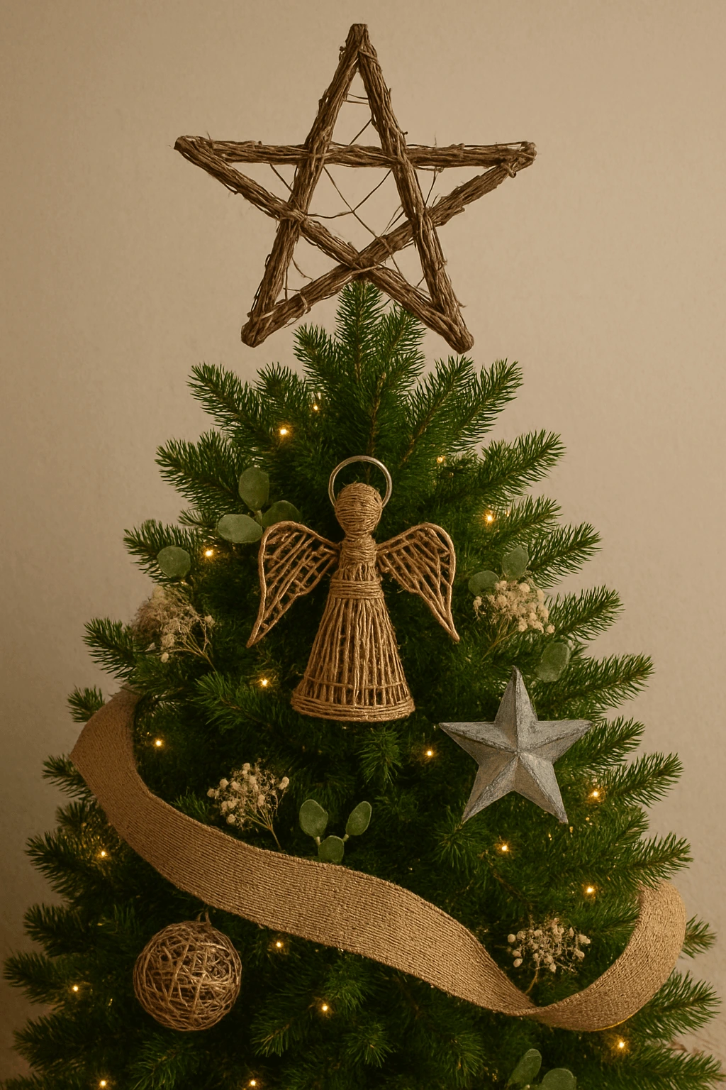 Rustic Christmas tree decorated with a woven star topper, wicker angel ornament, natural burlap ribbon, wooden ball ornament, and warm fairy lights