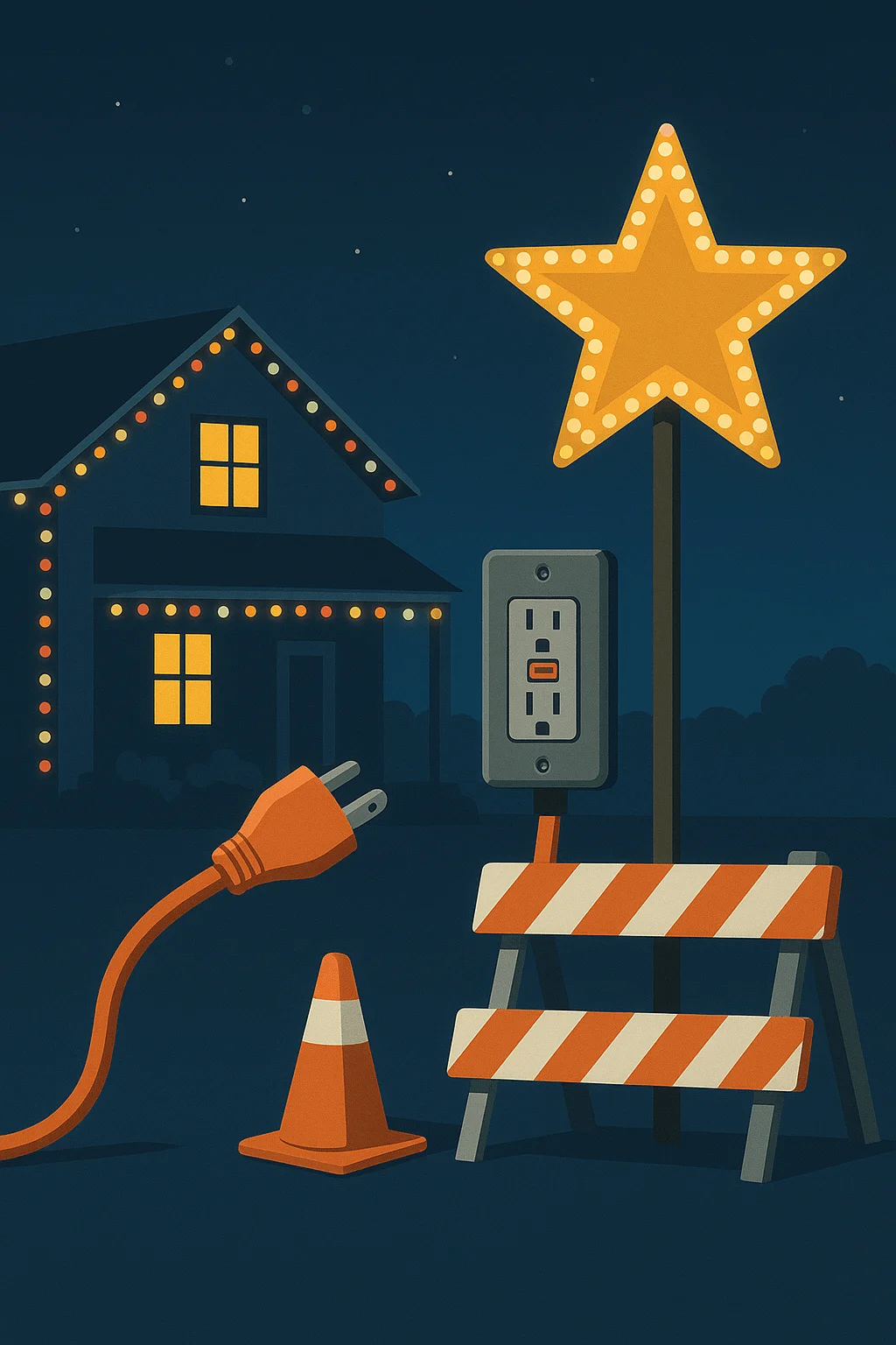 Illustration of holiday lighting safety setup with glowing star, GFCI outdoor outlet, extension cord, and caution barricade in front of a decorated house at night