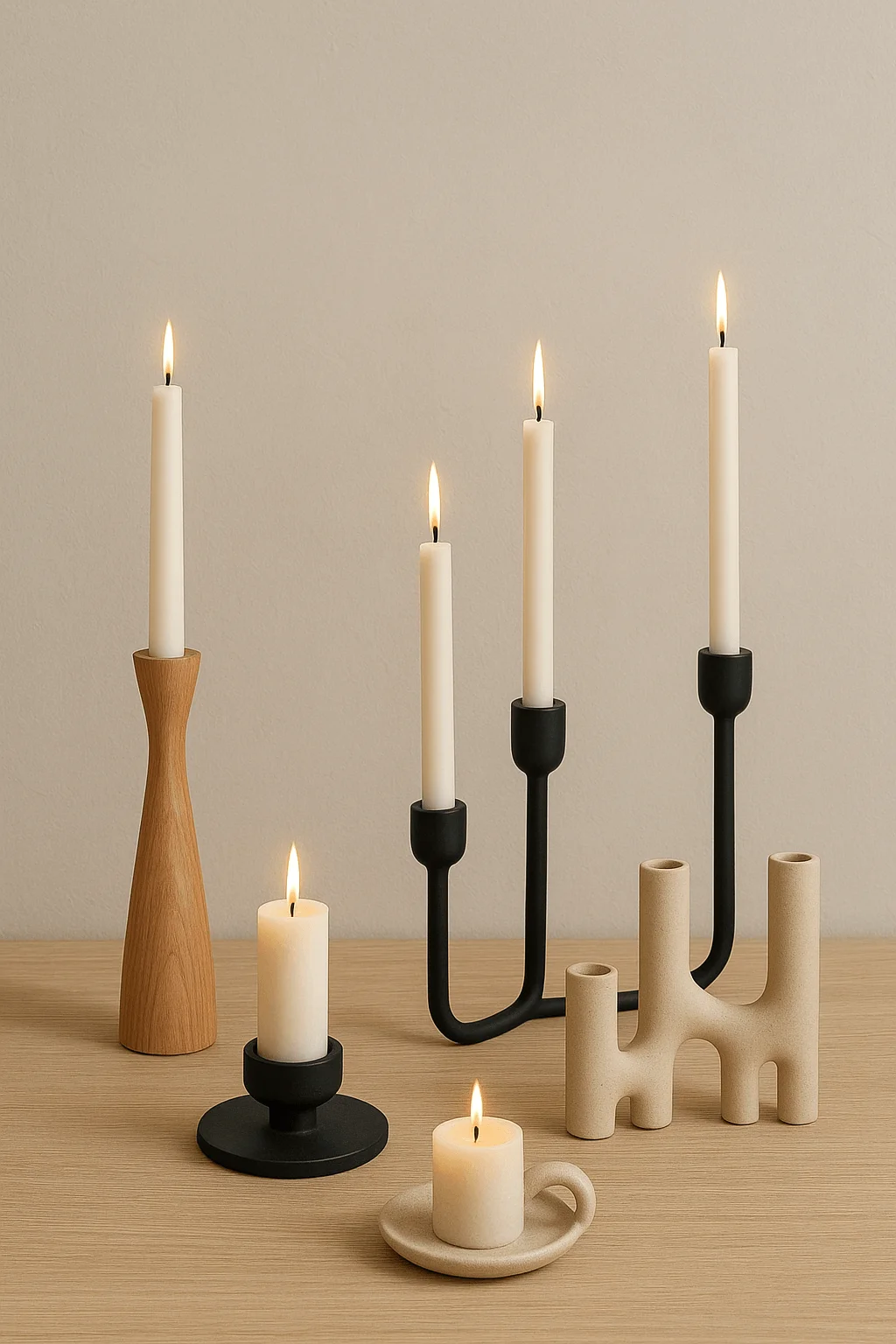 "Minimalist Scandinavian candleholders and candelabra with lit candles in wood, black metal, and ceramic designs