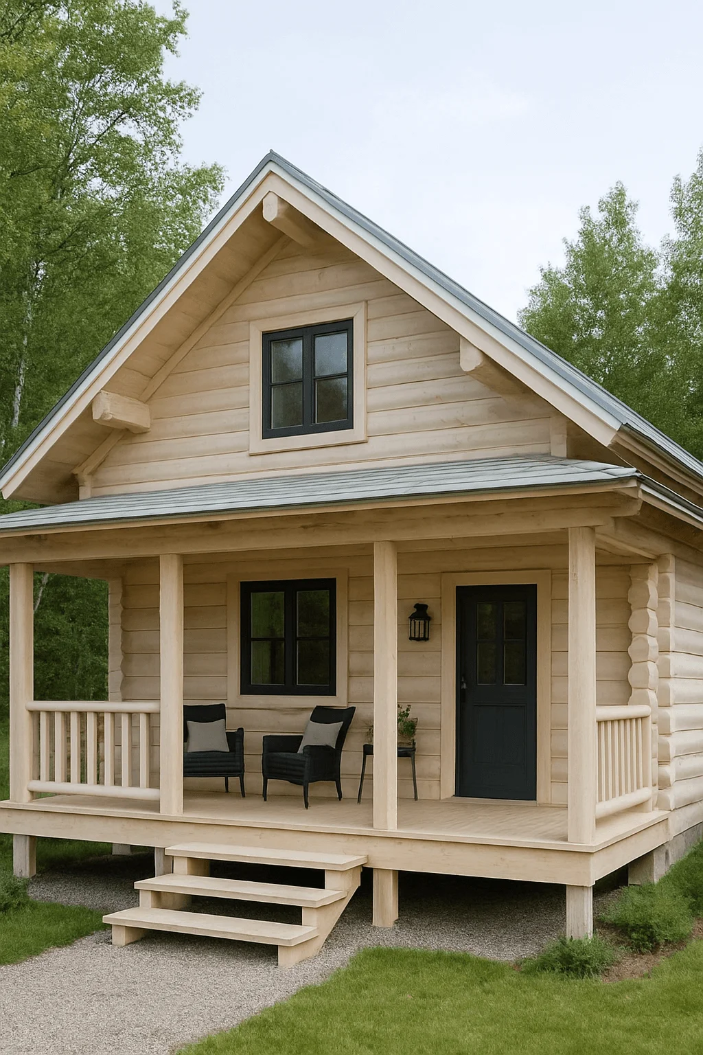 Light wood log cabin with Scandinavian influence, featuring black framed windows, front porch, and minimalist design