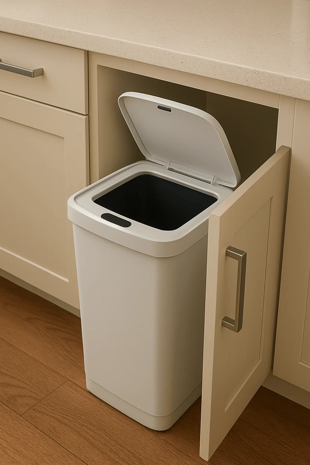 Built-in sensor and touchless kitchen bin integrated into cabinet door for hands-free waste disposal