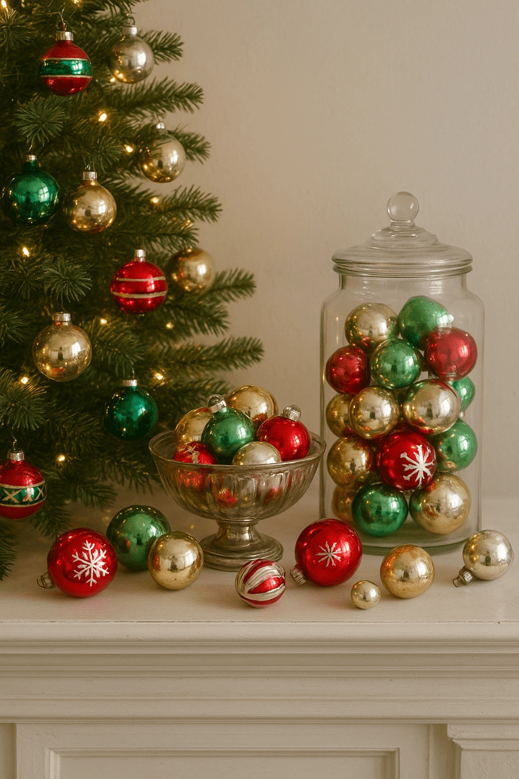 Vintage-style Shiny Brite and mercury glass Christmas ornaments in red, green, and gold displayed on a tree, in a glass jar, and a silver bowl.