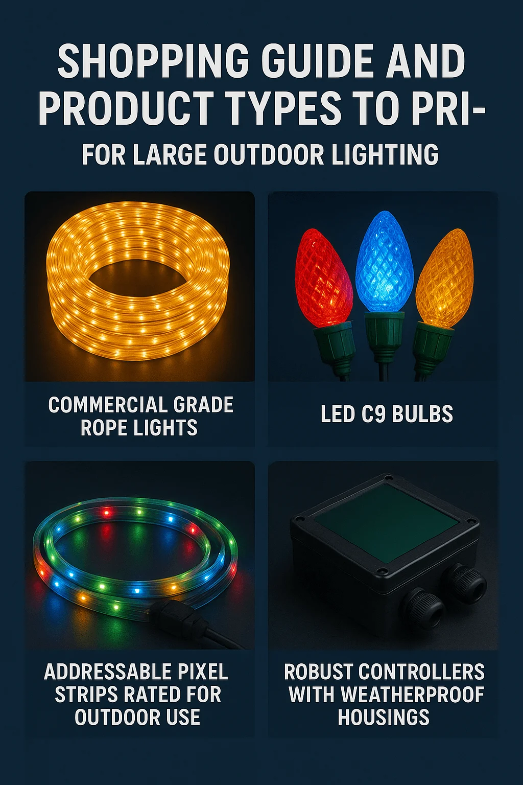 Shopping guide for large outdoor lighting showing four product types: commercial grade rope lights, colorful LED C9 bulbs, addressable pixel strips rated for outdoor use, and robust controllers with weatherproof housings