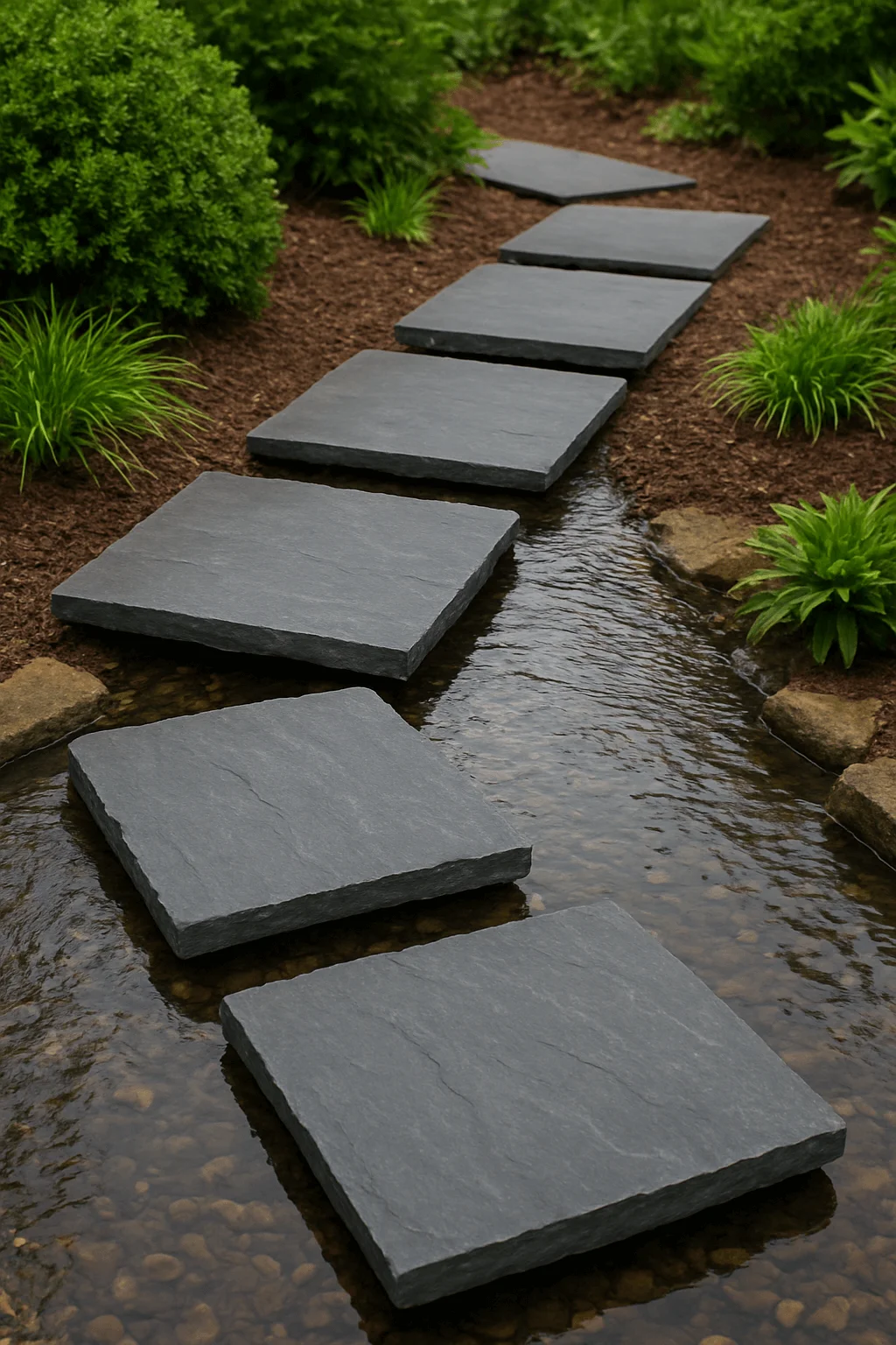 Modern slate stepping stones placed across a shallow garden stream with lush green plants along the edges