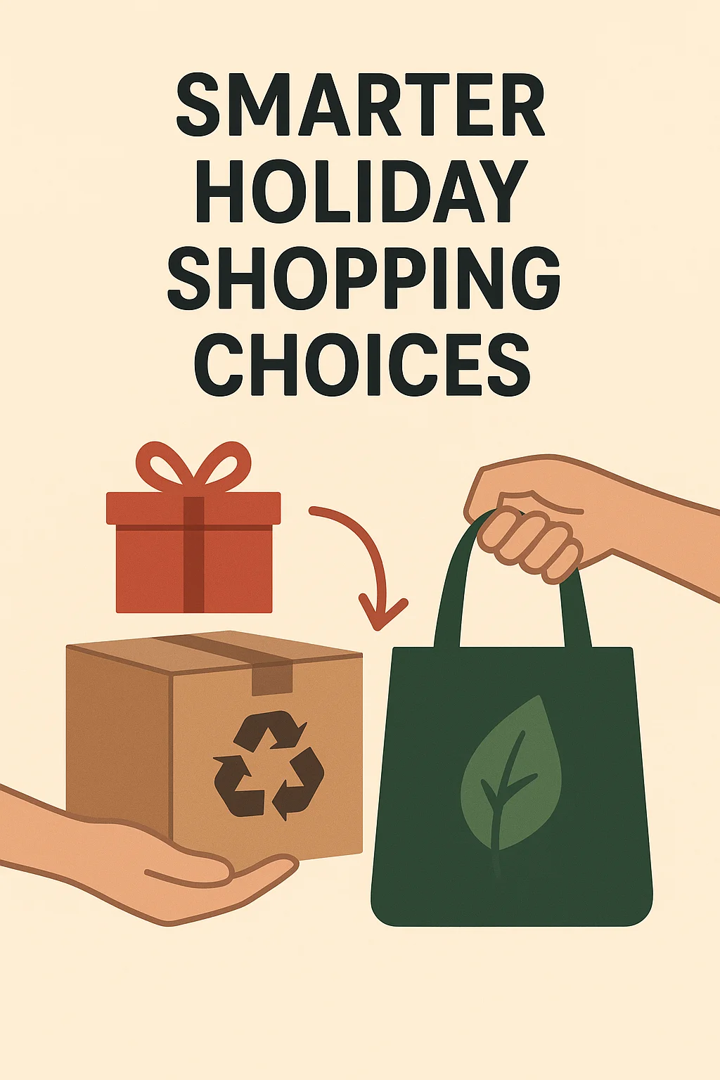 Illustration promoting smarter holiday shopping choices with a hand holding a green reusable bag, a recyclable cardboard box, and a wrapped gift